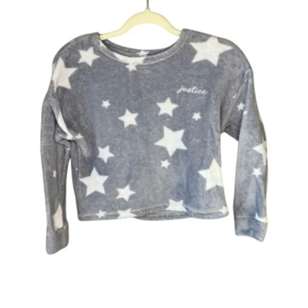 Justice Girls Grey White Star Fleece Pajama Top Sleep Shirt Size S 7/8